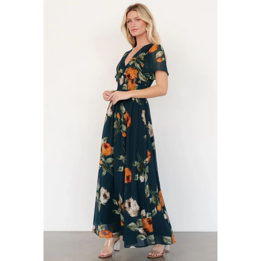 Baltic Born Dark Teal Floral Maxi Dress with Orange and Cream Blooms